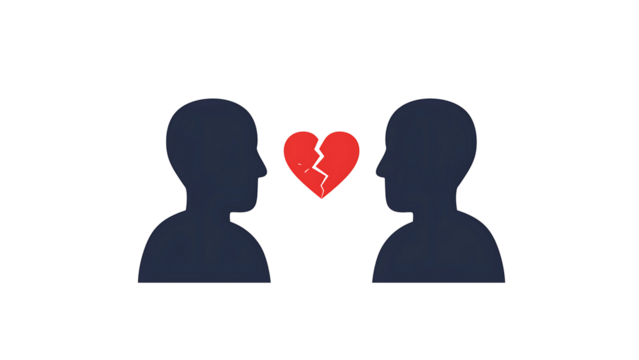 Silhouette couple with broken heart symbol, love and breakup vector illustration isolated on transparent background