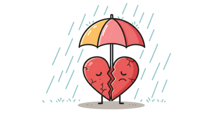 Sad broken heart with umbrella under rain, love and breakup vector concept isolated on transparent background