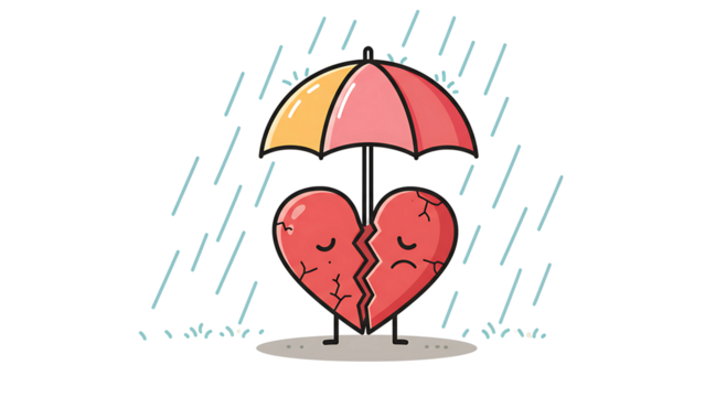 Sad broken heart with umbrella under rain, love and breakup vector concept isolated on transparent background - Powered by Adobe