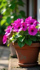 Vibrant pink and purple petunias overflowing from a rustic terracotta flowerpot, adding a splash of color to a sunny patio Perfect for spring and summer garden decor , nature, petunias