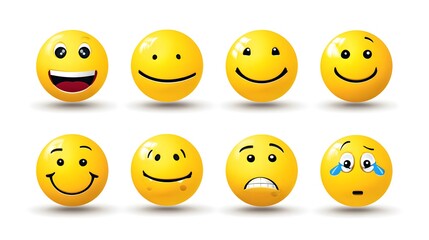 Fototapeta premium A set of ten yellow emoticons displaying various emotions, including happiness, sadness, confusion, and surprise, on a white background.