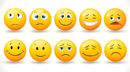 Fototapeta premium A set of ten yellow emoticons displaying various emotions, including happiness, sadness, confusion, and surprise, on a white background.
