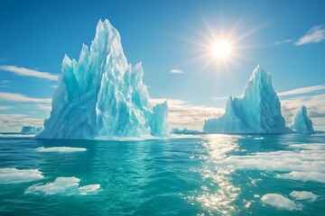 Towering icebergs rise above deep waters, shining under bright Arctic sun.