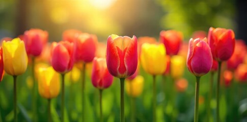 Vibrant tulips bursting into bloom in a lush green field, bathed in the warm glow of spring sunlight A perfect representation of renewal and growth , sunshine, blossom, pink