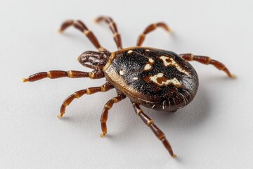 Close-up of a tick on a white surface.  The tick is brown and dark-brown with white markings.  It has eight legs