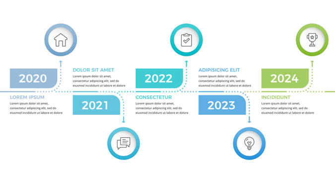 Business timeline infographic with circular icons with 5 elements
