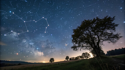 A starry night sky over a field with a tree silhouette in the foreground