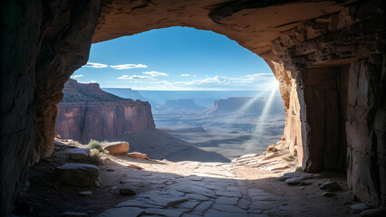 Sunlight streams through a cave entrance, illuminating a vast canyon landscape