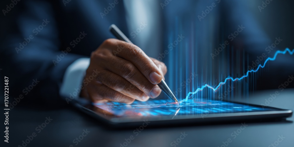 Poster businessman analyzing financial data on tablet with digital chart and graph indicators in modern off