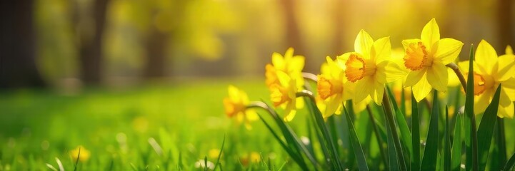 Vibrant yellow daffodils blooming in a lush green field, bathed in the warm sunlight of springtime Perfect for spring themes, Easter, nature, and more , garden, narcissus