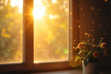 Warm sunlight streams through a bright windowpane, illuminating dust motes dancing in the golden rays  Perfect for home, comfort, or spring themes ,  sunlight,  energy