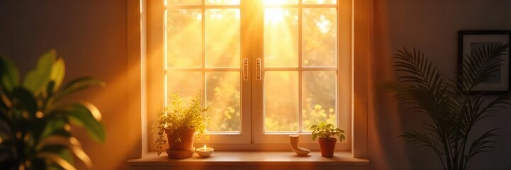 Warm sunlight streams through a bright windowpane, illuminating dust motes dancing in the golden rays  Perfect for themes of home, comfort, and natural light ,  hazy,  home