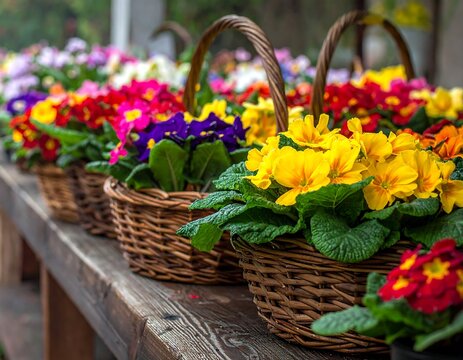 Colorful primroses in woven baskets on a wooden table