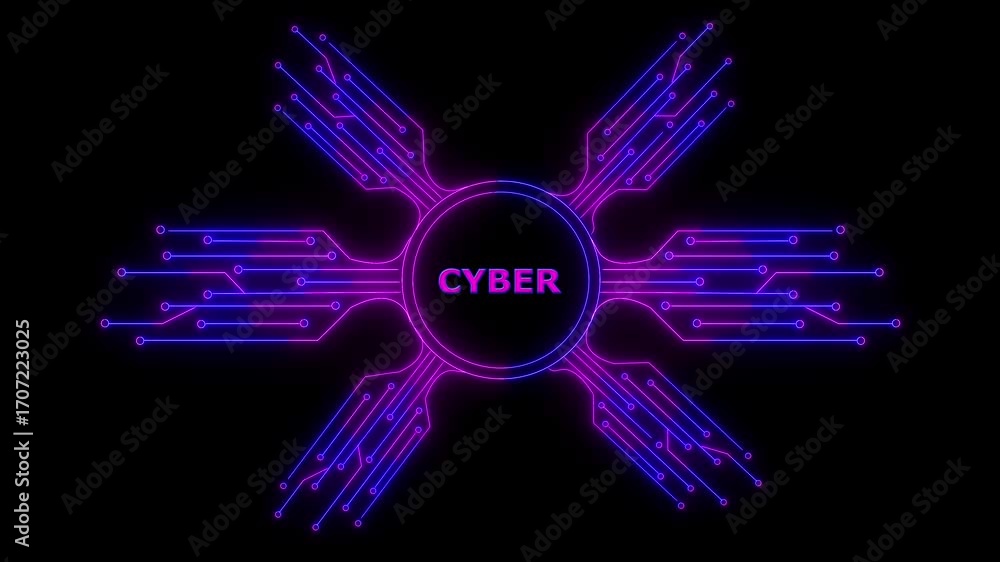 Poster glowing neon hud-style circle with circuit board lines, and the center text says 
