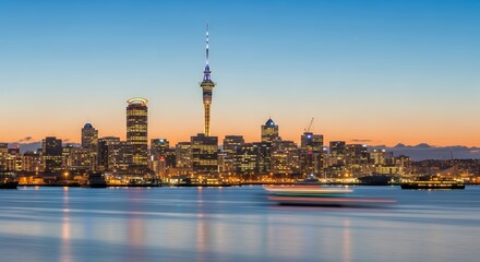 Naklejka premium City Skyline with Illuminated Buildings and Tower at Sunset over Calm Water