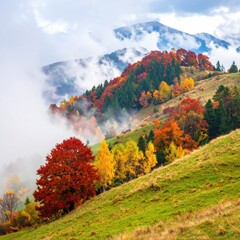 A vibrant autumnal landscape with colorful trees dotting a green hillside, veiled by mist, against a backdrop of distant mountains