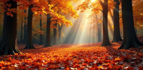 Vibrant autumn leaves blanket a forest floor, sunlight dappling through the canopy Perfect for fall, nature, and seasonal themes , december, tree, red