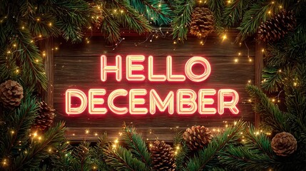 Christmas decorations with the text Hello December written on a wooden background, featuring a color theme of red and white