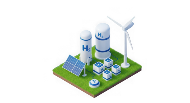 Renewable energy production with hydrogen storage, solar panel, and wind turbine, isolated on transparent background - Powered by Adobe