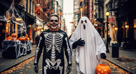 Fototapeta premium Two Men in Halloween Costumes on City Street