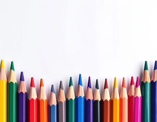 Assorted colored pencils lined up neatly against a bright, clean white background. Sharp points and varying hues create a vibrant display