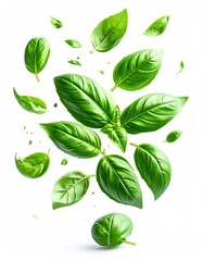 Vibrant green basil leaves float and cluster against a bright, clean white background, creating a fresh, dynamic, culinary composition