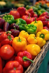 Vibrant, colorful display of assorted farm-fresh peppers at a bustling farmers market A variety of shapes, sizes, and colors are showcased, ripe and ready for purchase , healthy, vibrant colors