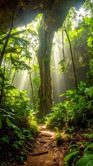 Sunbeams filter through dense forest canopy, illuminating a winding path. Lush greenery and rocky formations surround the scene