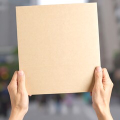 Hands hold a blank light brown sheet of paper against a blurred city background