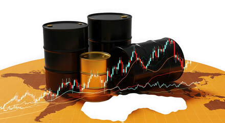 Crude oil barrels with stock market graph overlay on world map, symbolizing oil price fluctuation and global market isolated on transparent background