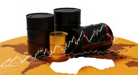 Crude oil barrels with stock market graph overlay on world map, symbolizing oil price fluctuation and global market isolated on transparent background