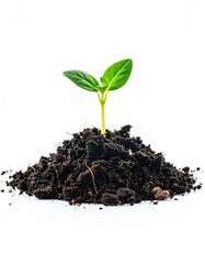Small green sprout emerges from dark soil mound against bright white background, illustrating growth and new beginnings