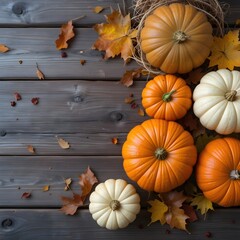 Pumpkins arranged on rustic wooden surface with autumn leaves, harvest season theme, high quality stock image