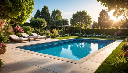 Tranquil poolside garden scene