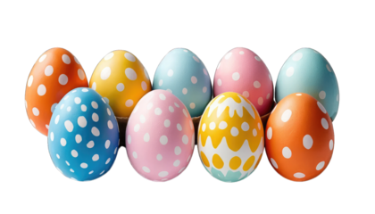 Group of Nine Decorated Easter Eggs standard photos isolated on a transparent background
