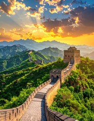 A stone wall winds across verdant, mountainous terrain under a dramatic sunset sky, with a fortified tower on the right side