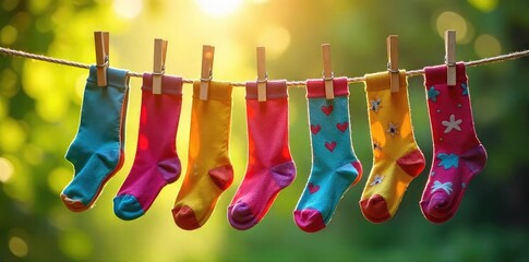 Vibrant colorful socks pegged to a rustic wooden clothespin clothesline, drying gently in the sun Perfect for laundry, spring, summer, and home themes , vintage, socks