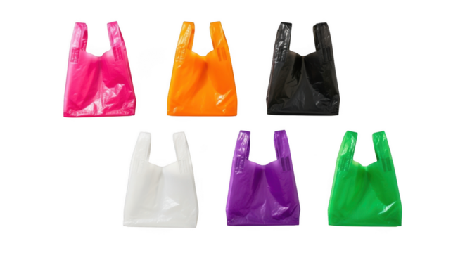 Collection of colorful plastic shopping bags with handles isolated on transparent background
