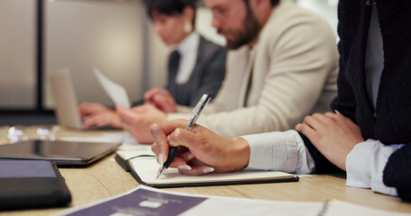 Hands, seminar and writing with business people in office together for career development. Education, notebook and workshop with employee team at table in workplace for review or upskill training