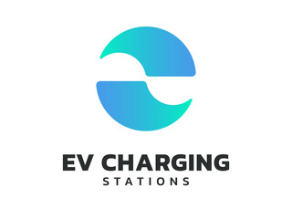 Electric vehicle charging with letter e curved clean energy shapes twisted infinity moving logo vector design concept. Letter e logotype symbol for Electric Car, EV station, ui, website, application.