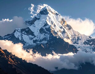 Majestic, snow-covered mountain peak with ice formations and fluffy clouds below and around, basking in the warm glow of sunlight