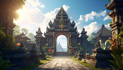 Tropical Asian gateway, sunlit arch
