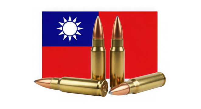 Several bullets in front of the flag of taiwan, symbolizing military power and national defense isolated on transparent background