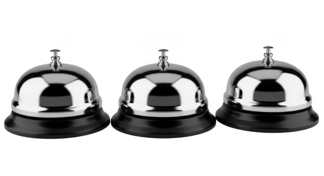 Three polished silver hotel desk service bells with black bases isolated on transparent background