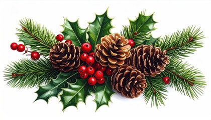 Christmas arrangement featuring pine branches, holly, pine cones, and red berries, isolated on white, perfect for seasonal greetings