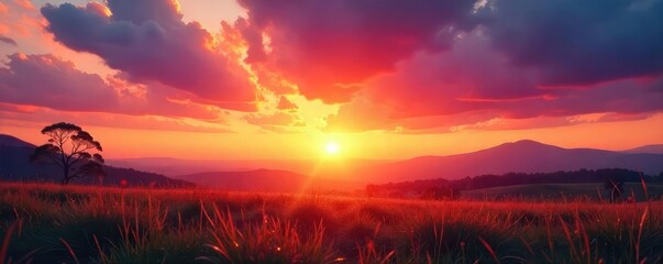 Vibrant hues paint the sky as the sun dips below the horizon, casting a warm golden glow on the landscape  Perfect for travel, nature, and weather-related projects ,  tranquil,  day's end