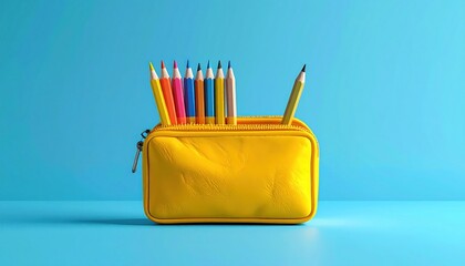 Bright yellow pencil case filled with colorful pencils arranged on a light blue background, creating a vibrant and cheerful still life