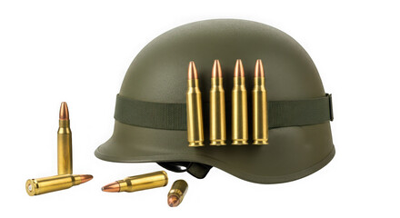 A military helmet with bullets attached, representing combat readiness and armed forces isolated on transparent background