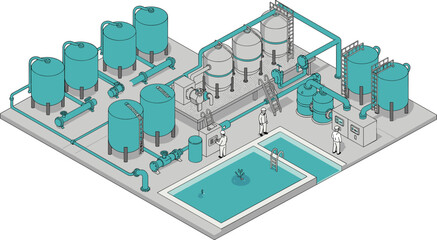 Isometric 3D illustration of modern industrial water treatment plant, engineers monitoring tanks, fluid filtration process, clean water production