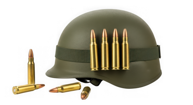 A military helmet with bullets attached, representing combat readiness and armed forces isolated on transparent background
